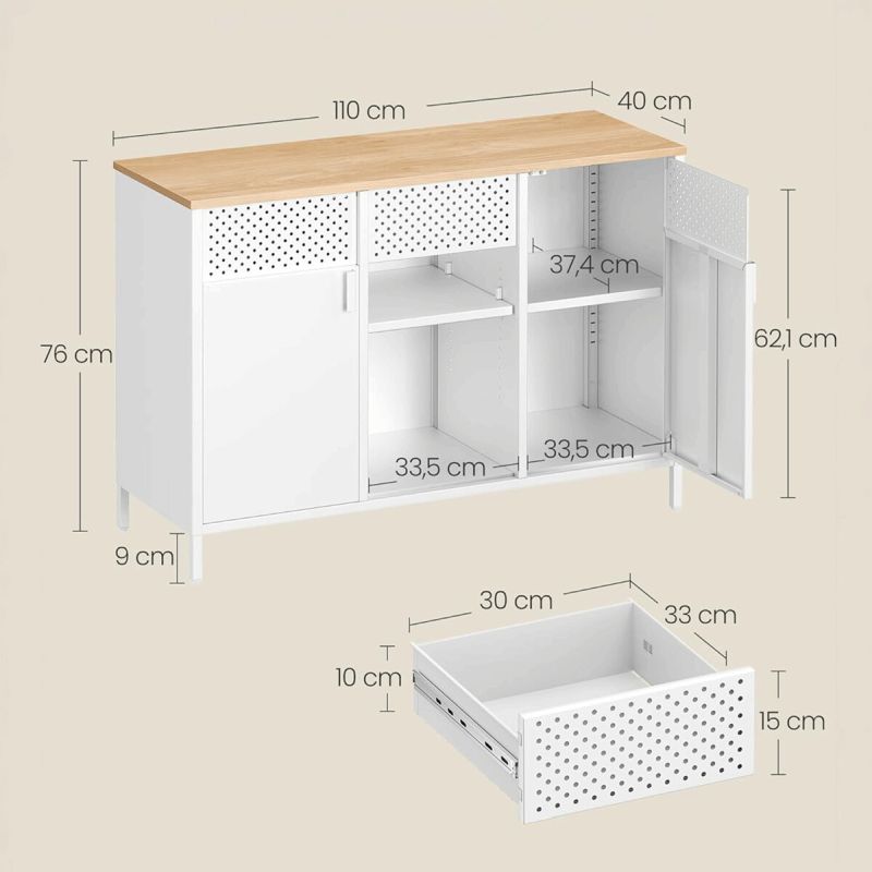 Moderná kovová komoda, biela s MDF doskou, 110 cm