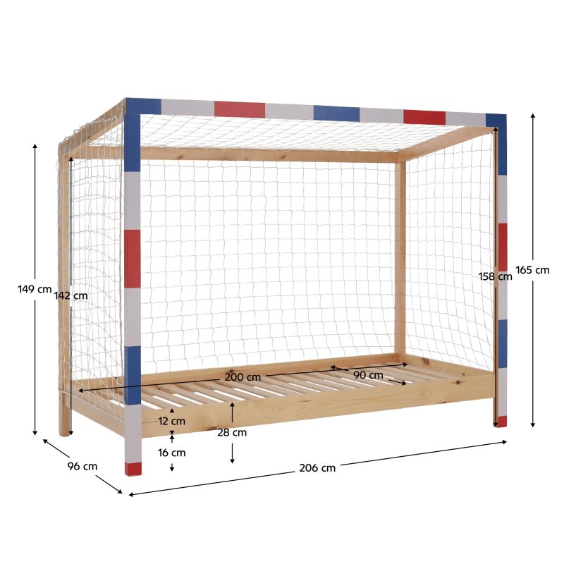 Montessori posteľ v tvare futbalovej brány 90x200, prírodná-biela-modrá-červená