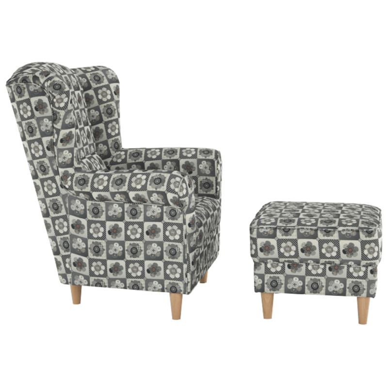 Kreslo ušiak s taburetom, látka patchwork N1