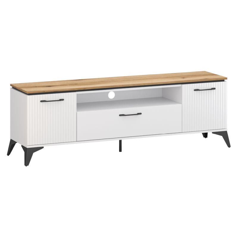 Elegantný TV stolík 2D1S, biely, dub evoke, s ryhovanými dvierkami
