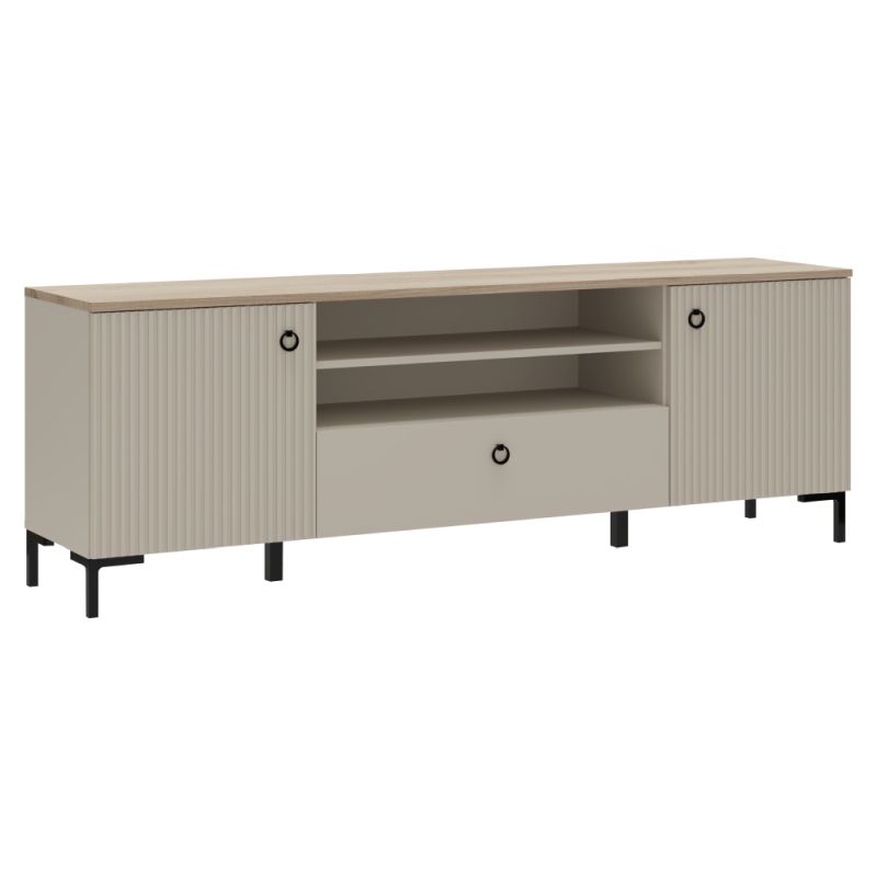 Dizajnový TV stolík 2D1S, sivohnedá Taupe, dub silverjack
