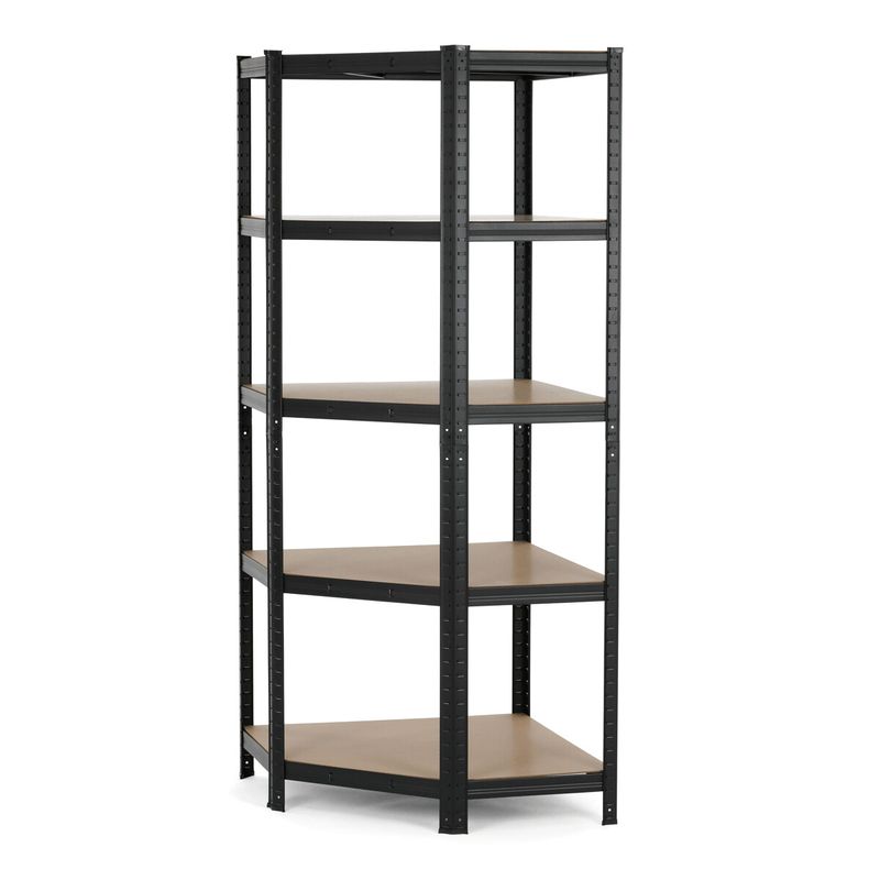 Rohový regál kovový, 75cm, čierny, s MDF policami