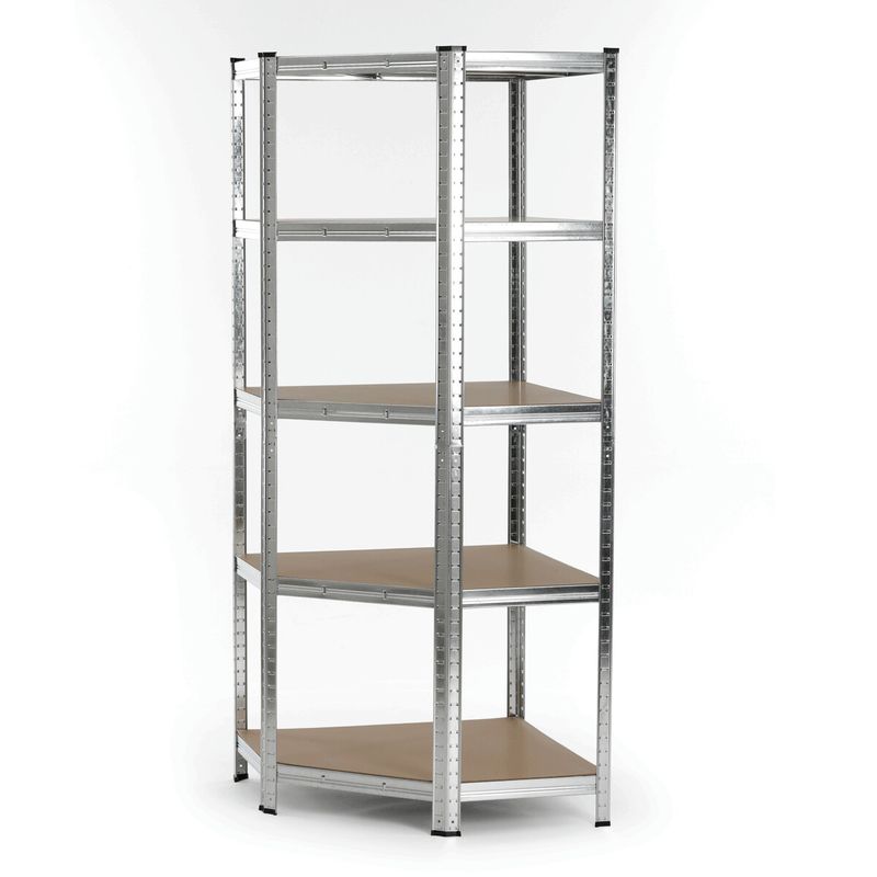 Rohový regál kovový, 75cm, strieborný, s MDF policami