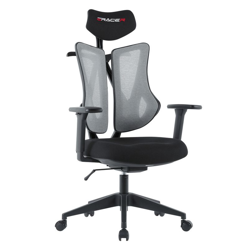 Ergonomická kancelárska stolička E-racer, sivá, sieťované operadlo, 120kg
