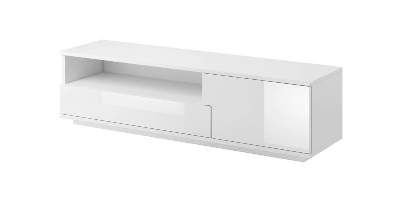 Moderný RTV stolík 1S1D, biely mat-biely vysoký lesk