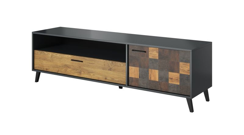 Extravagantný RTV stolík 1D1S 180, antracyt-alpinechce dunkel-aquare dance dark