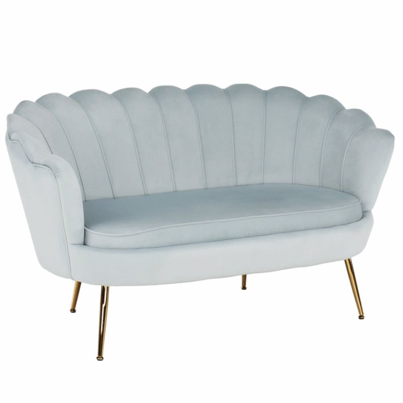 Lavica v štýle Art-deco, sivomodrá Velvet látka-gold chróm-zlatý