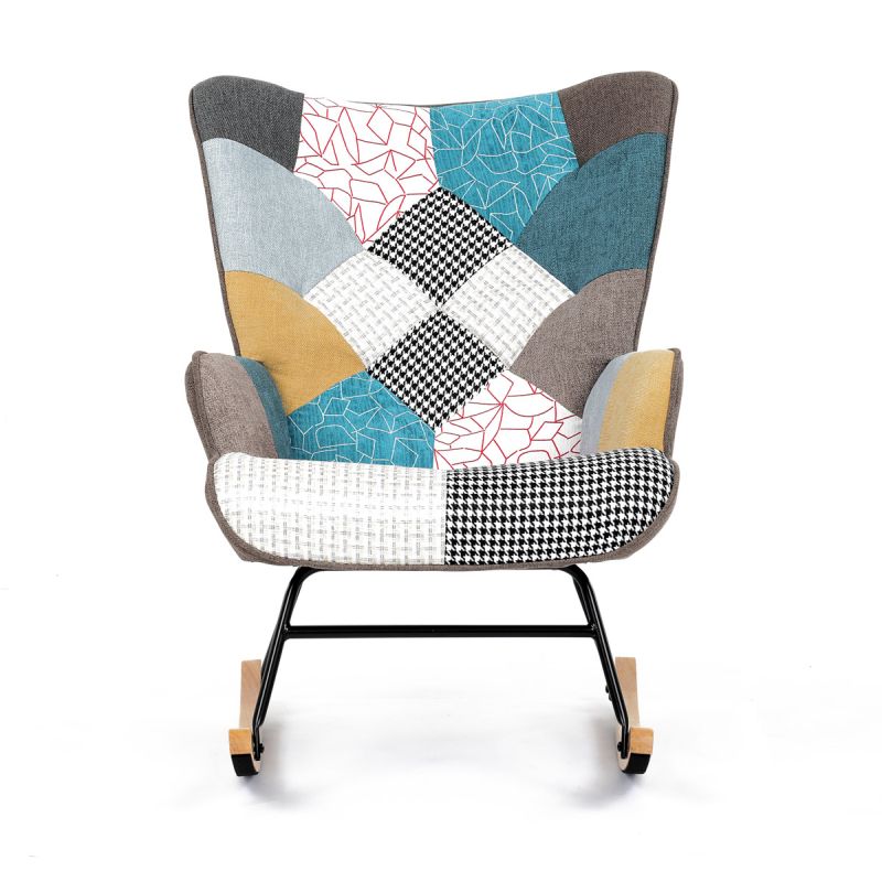 Luxusné hojdacie kreslo v modernom dizajne, poťah patchwork látka