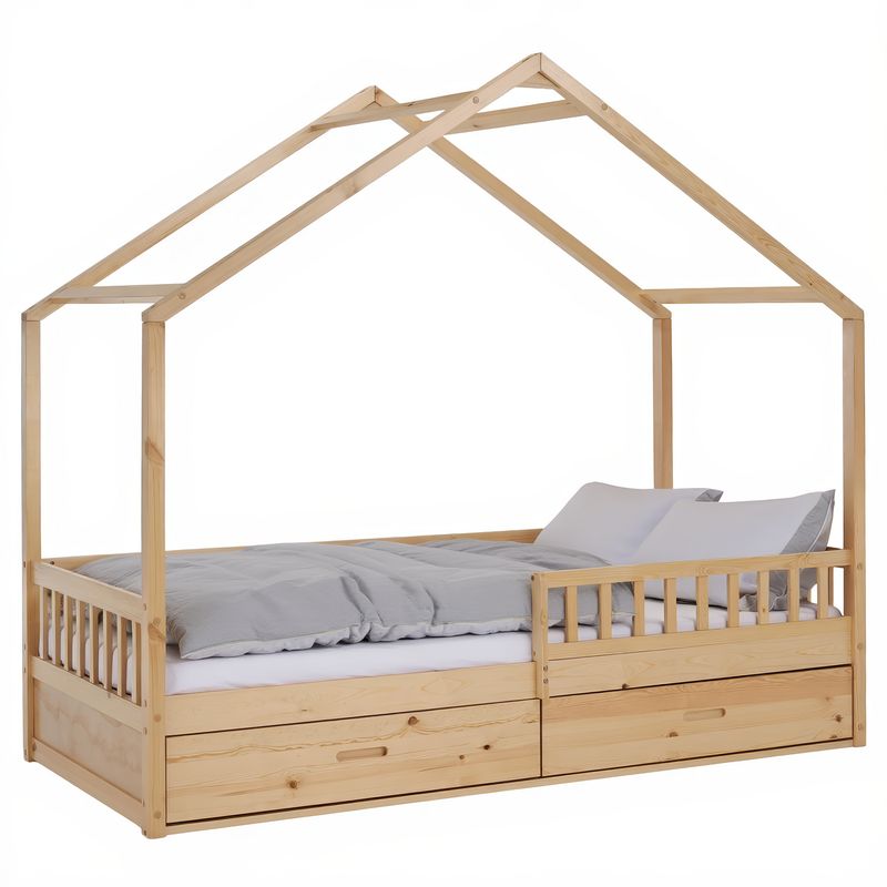 Pohodlná montessori posteľ v tvare domčeka, 90x200, prírodná, masív