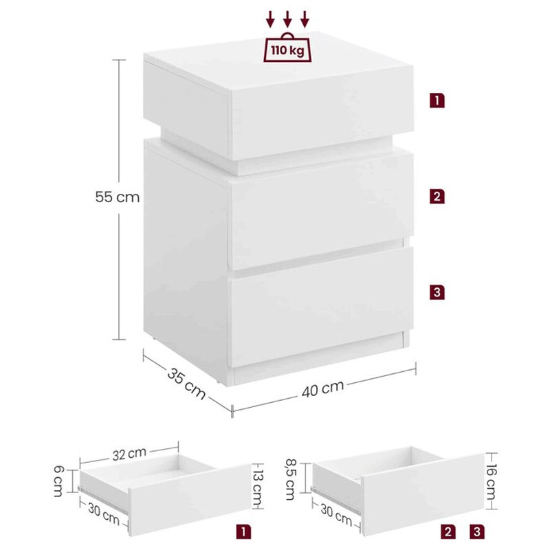 Nočný stolík 40x35x55 cm, MDF biela s LED osvetlením
