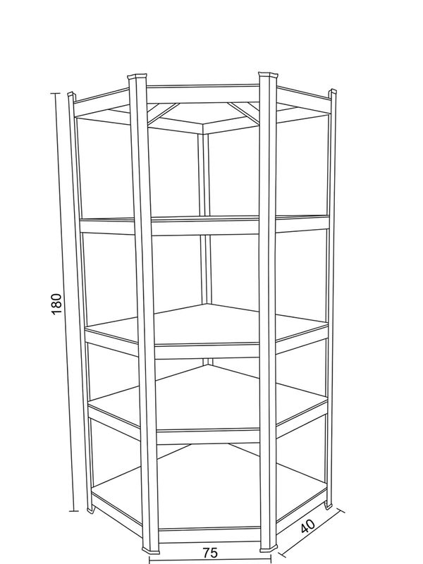 Rohový regál kovový, 75cm, čierny, s MDF policami
