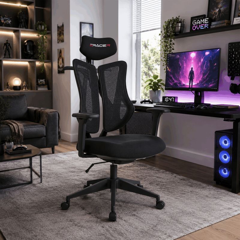 Ergonomická kancelárska stolička E-racer, čierna, sieťované operadlo, 120kg