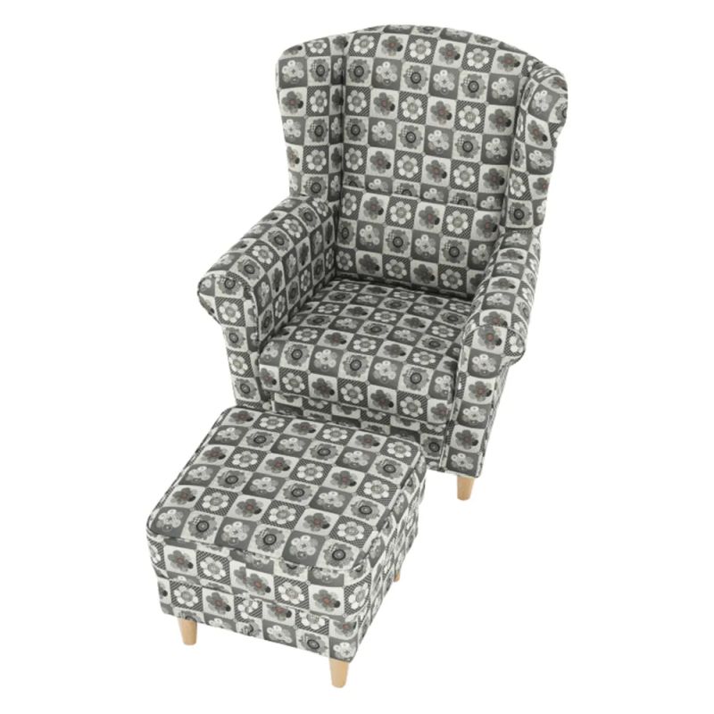 Kreslo ušiak s taburetom, látka patchwork N1