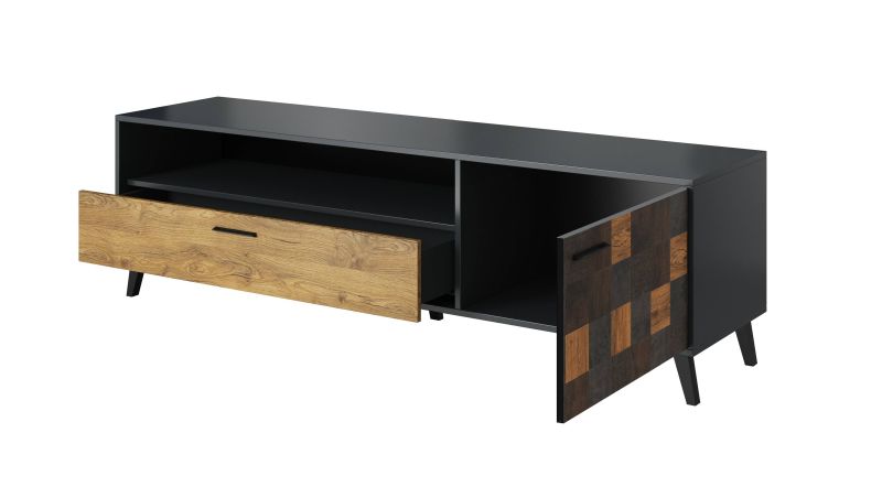 Extravagantný RTV stolík 1D1S 180, antracyt-alpinechce dunkel-aquare dance dark
