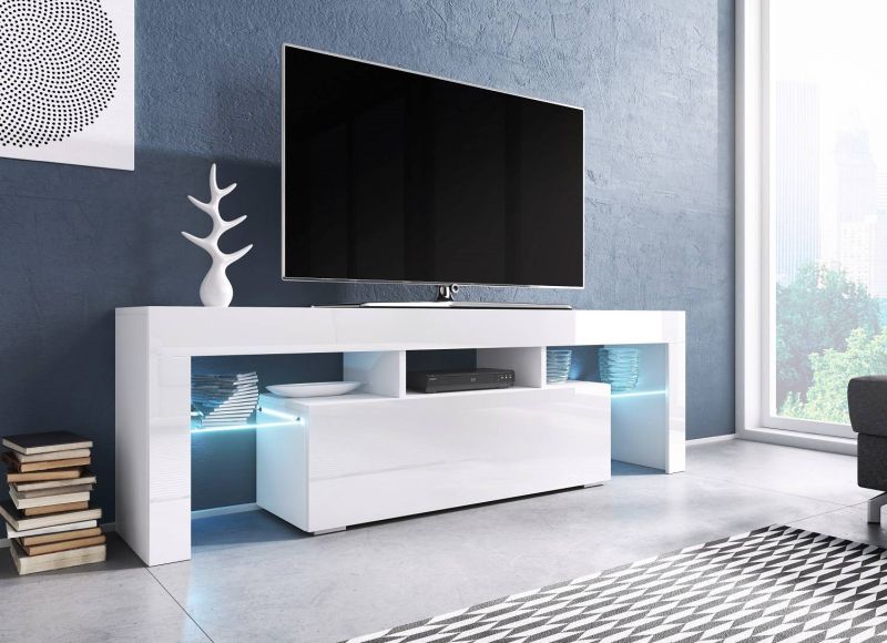 Modernistický RTV stolík s výklopnými dvierkami 138, biely mat-biely vysoký lesk-biely vysoký lesk