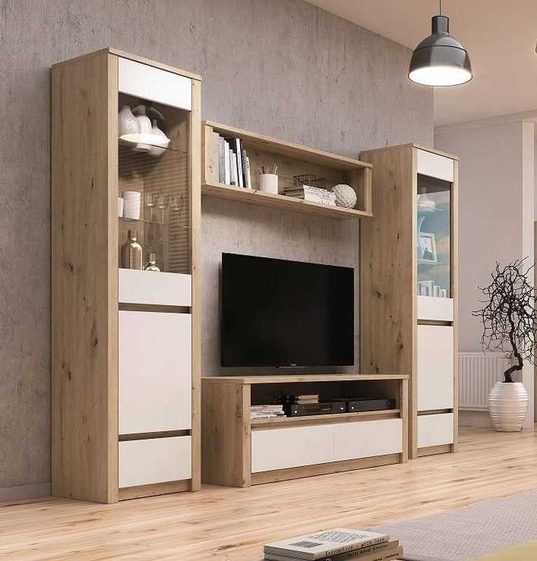 Elegantný RTV stolík, dub artisan-biely lak mat