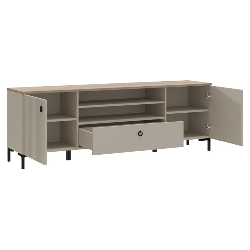 Dizajnový TV stolík 2D1S, sivohnedá Taupe, dub silverjack
