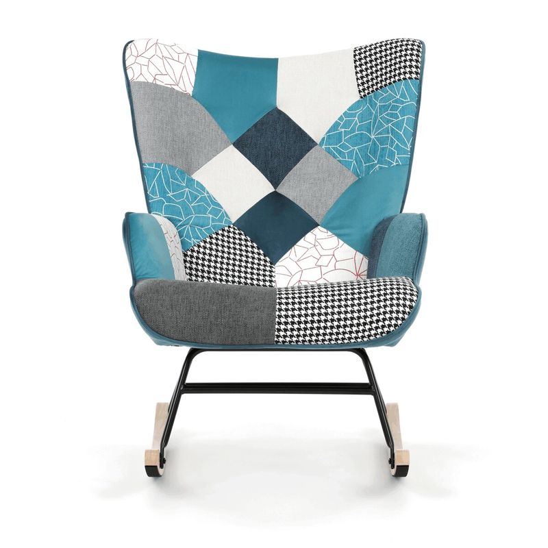 Luxusné hojdacie kreslo, modré s patchwork dizajnom