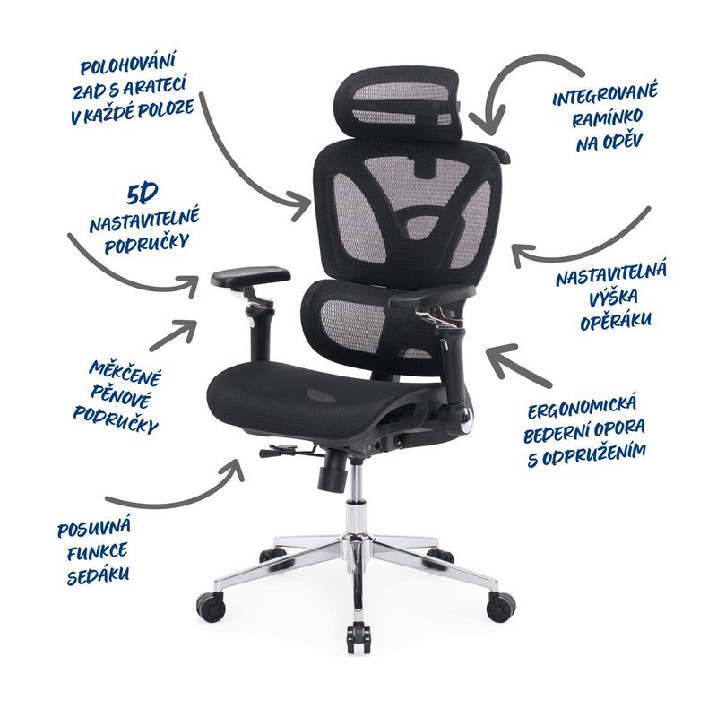 Ergonomická kancelárska stolička, čierna, so sieťovaným operadlom