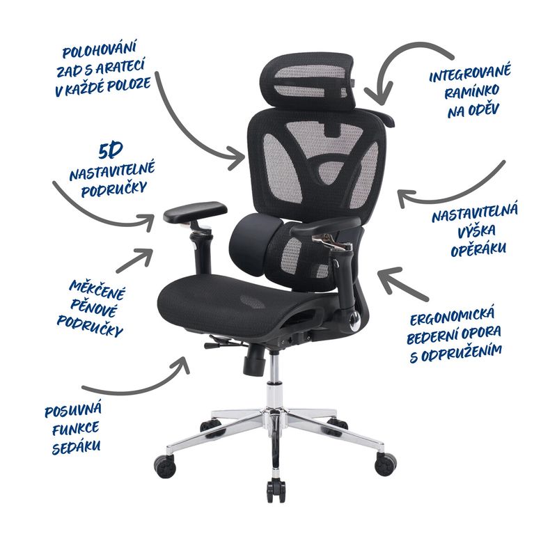 Ergonomická kancelárska stolička, čierna, sieťované operadlo a 5D podrúčky