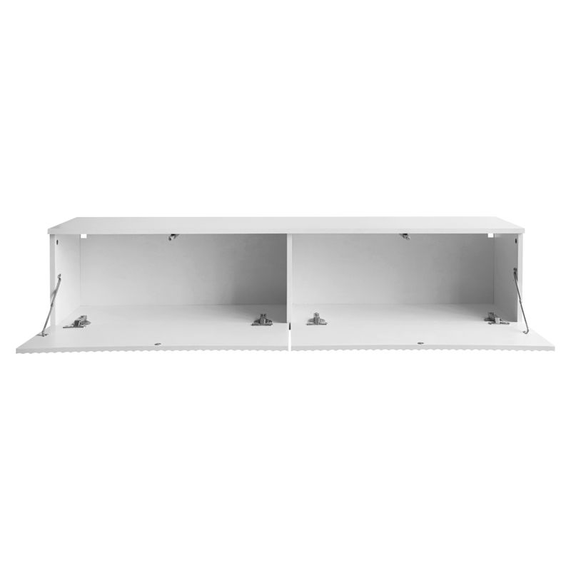 Závesný TV stolík, biely, 140cm, s ryhovanými dvierkami