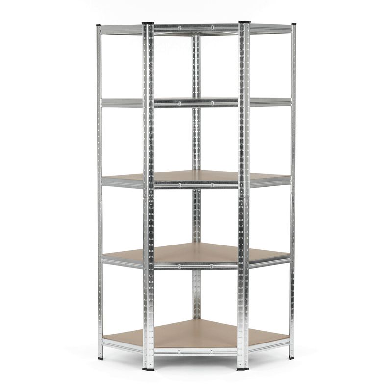Rohový regál kovový, 75cm, strieborný, s MDF policami