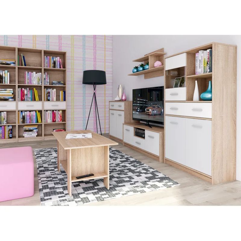 Moderná študentská komoda 2x zásuvka a 3x dvierka, biela-dub sonoma