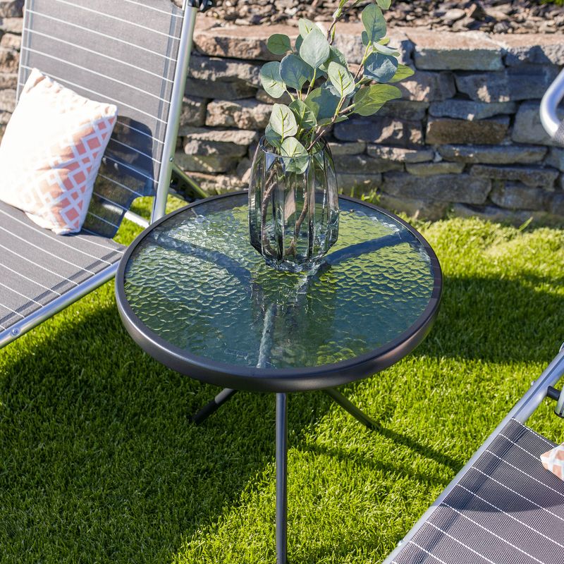Záhradný okrúhly konferenčný stolík, čiena oceľ-tvrdené sklo