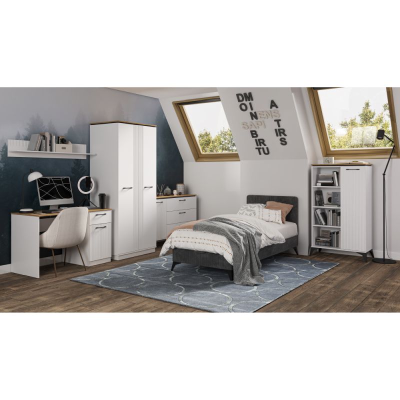 Elegantný TV stolík 2D1S, biely, dub evoke, s ryhovanými dvierkami