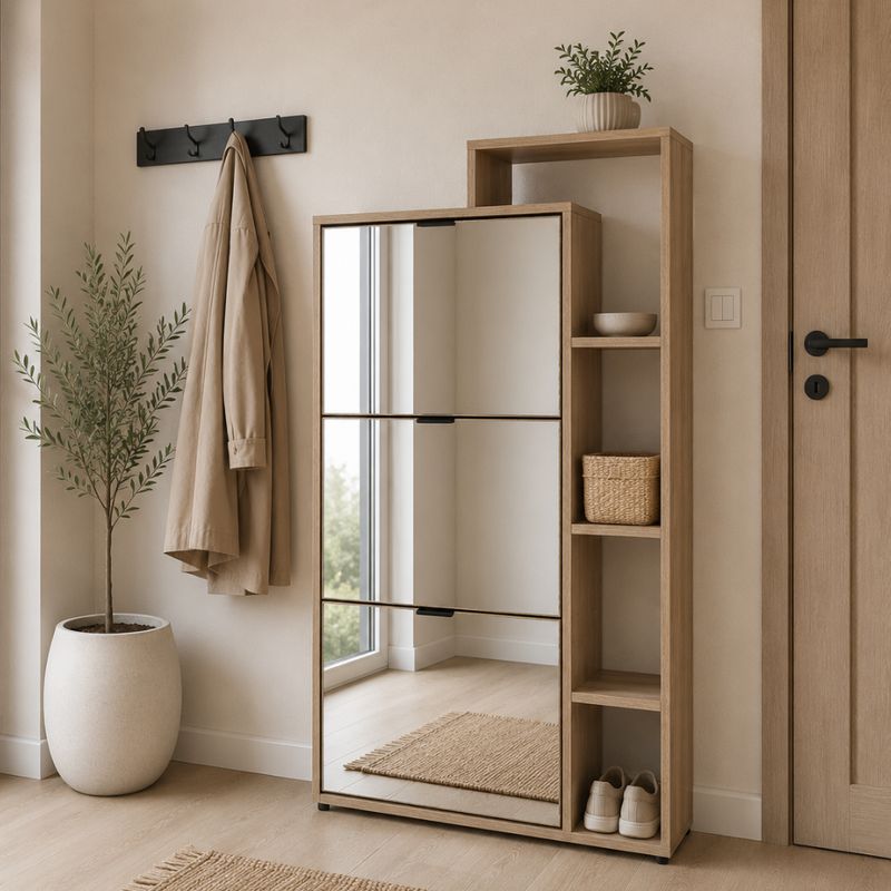 Výklopný trojradový botník, 80cm, so zrkadlom, dub sonoma