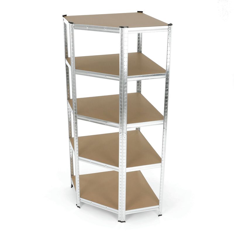 Rohový regál kovový, 75cm, strieborný, s MDF policami