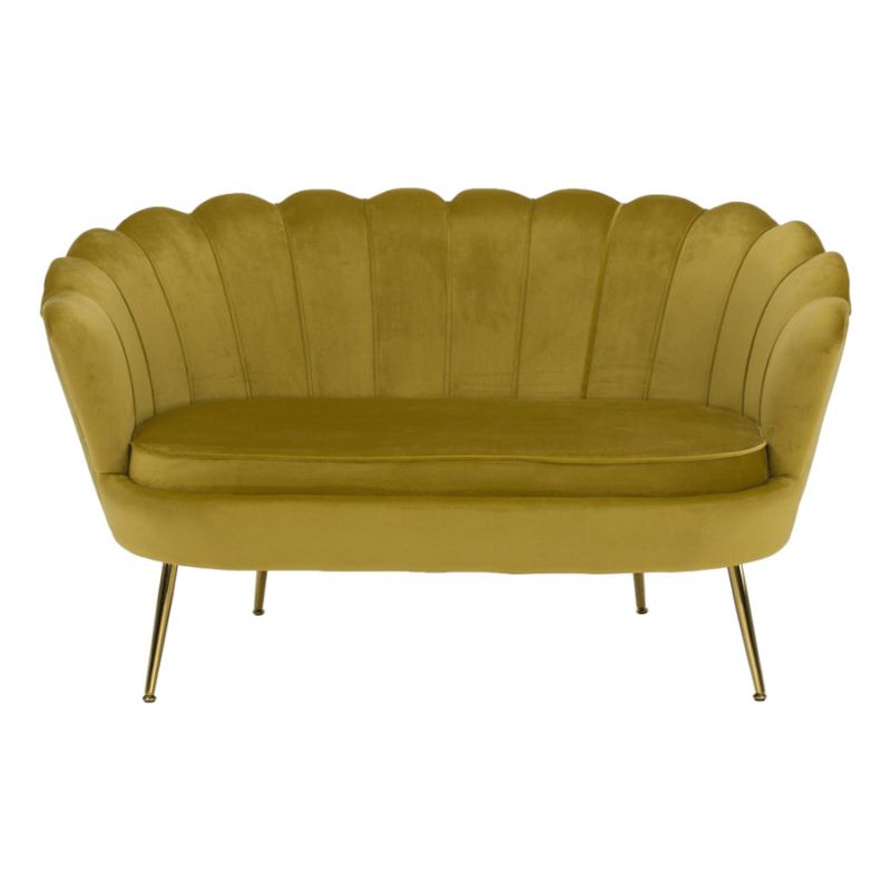 Lavica v štýle Art-deco, horčicová Velvet látka-gold chróm-zlatý