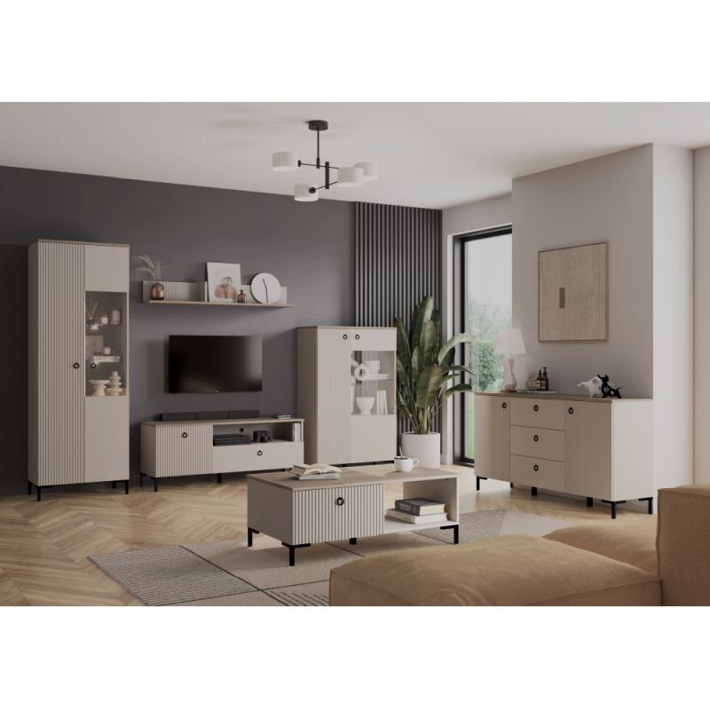 Dizajnová nízka vitrína, 1D1W, sivohnedá Taupe, dub silverjack