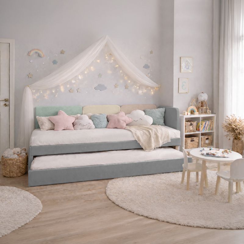 Posteľ s roštom a prístelkou, 90x200, sivá Velvet látka