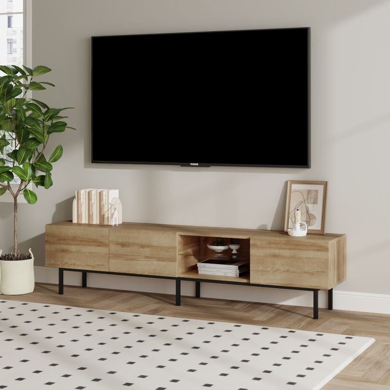 Moderný TV stolík, dub, čierny, 175cm, s kovovými nožičkami