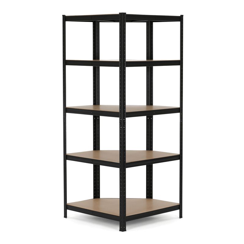Rohový regál kovový, 75cm, čierny, s MDF policami