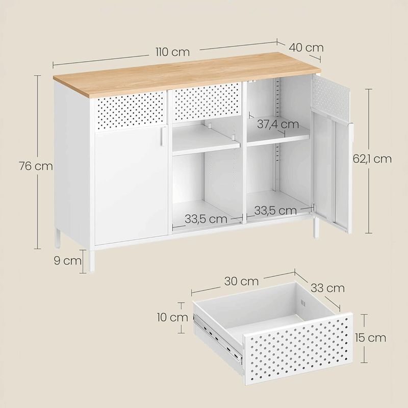 Moderná kovová komoda, biela s MDF doskou, 110 cm