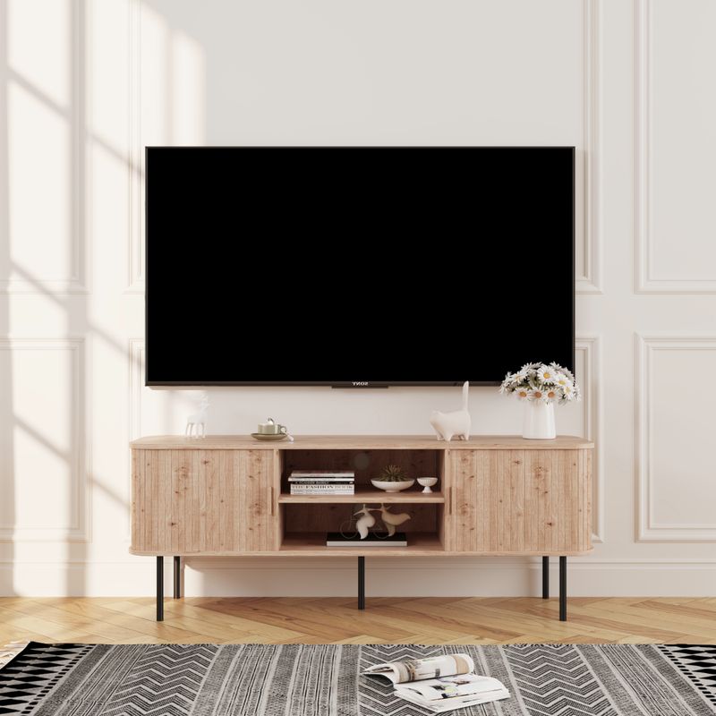 Moderný TV stolík, dub, 140cm, s posuvnými dvierkami