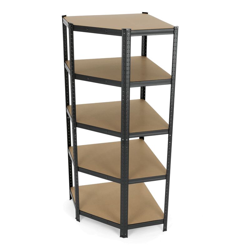 Rohový regál kovový, 75cm, čierny, s MDF policami