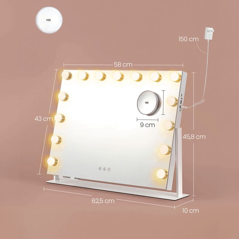 Kozmetické zrkadlo s LED osvetlením, biele, 62,5 × 45,8 cm