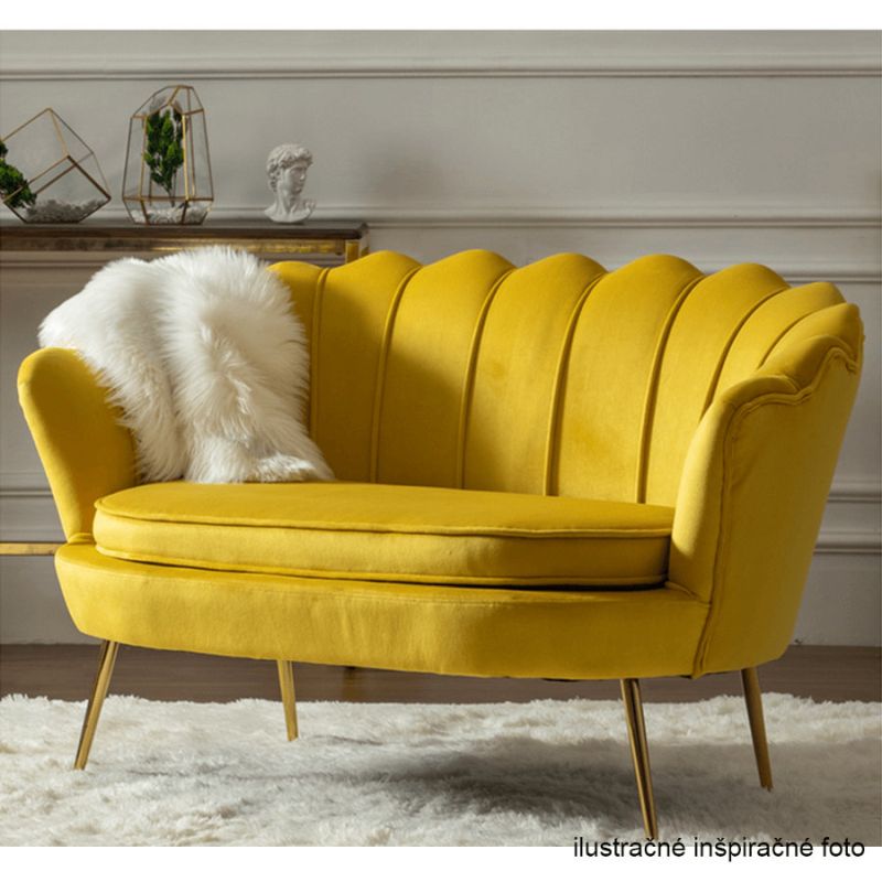 Lavica v štýle Art-deco, horčicová Velvet látka-gold chróm-zlatý