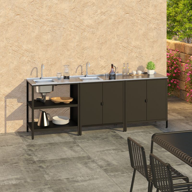 Záhradný kuchynský ostrovček s drezom, 80cm, oceľ čierna