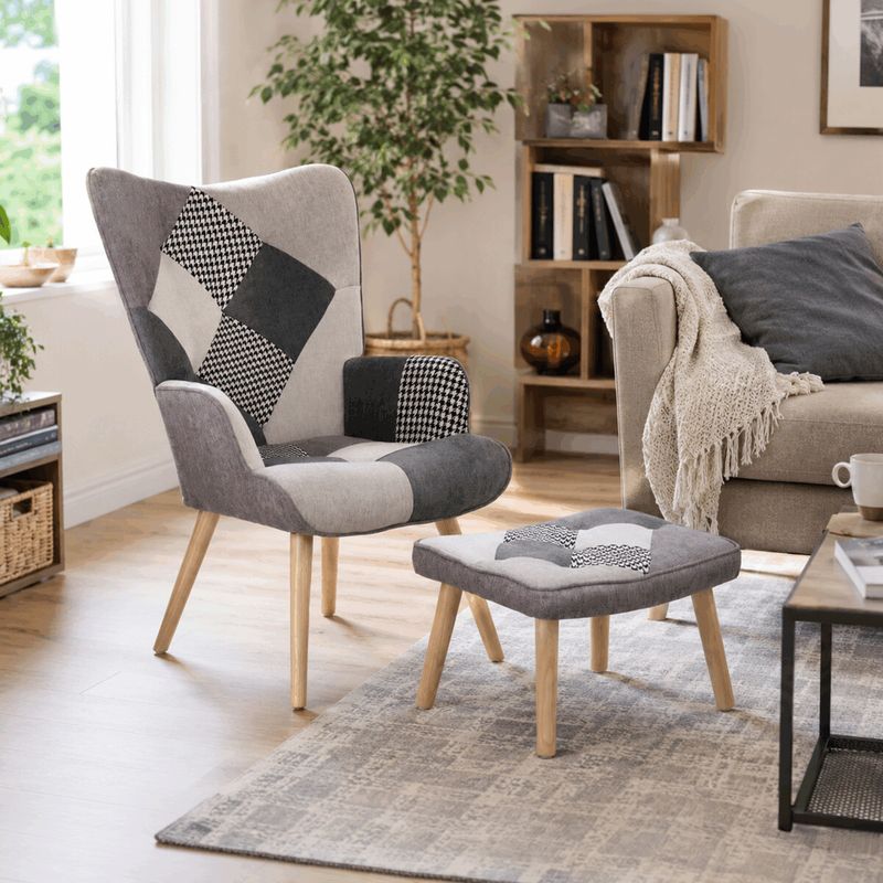 Relaxačné kreslo ušiak s taburetom, viacfarebná patchwork látka
