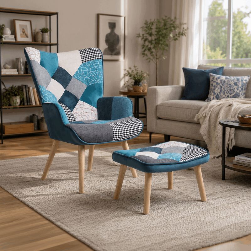 Relaxačné kreslo ušiak s taburetom, viacfarebná patchwork modrá látka