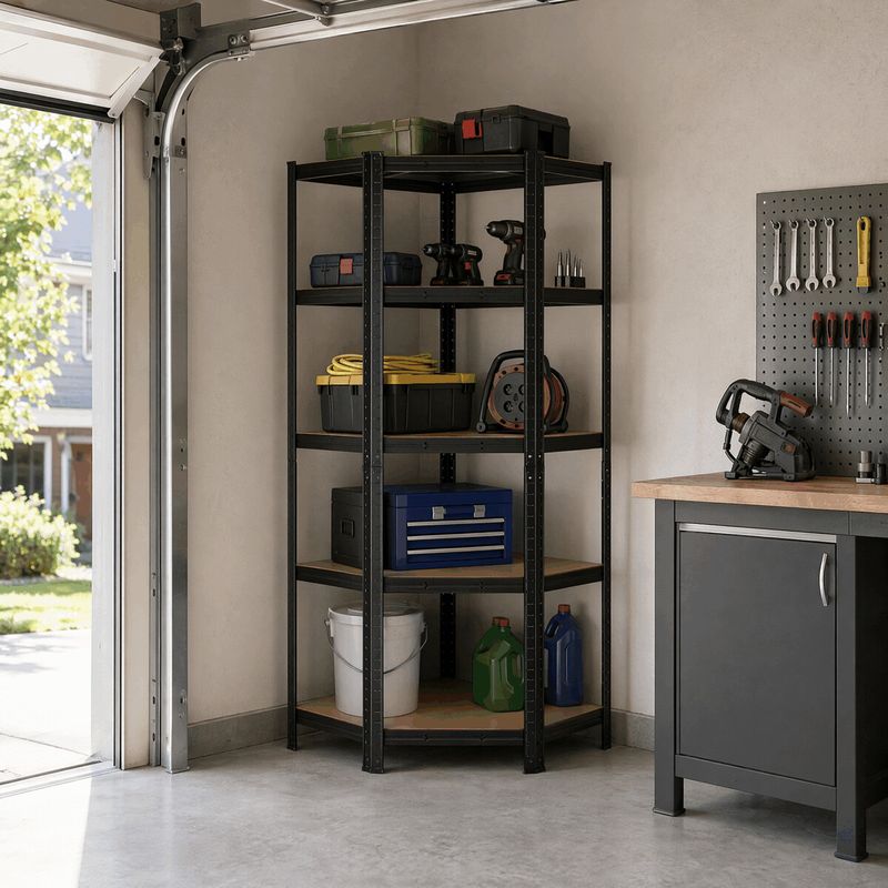 Rohový regál kovový, 75cm, čierny, s MDF policami