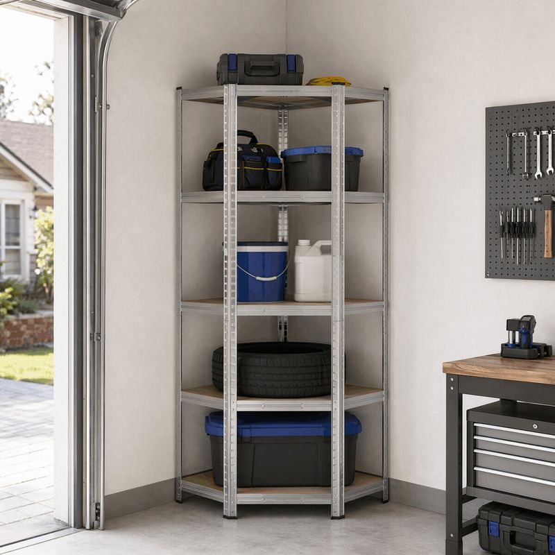 Rohový regál kovový, 75cm, strieborný, s MDF policami