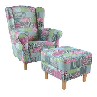 Kreslo ušiak s taburetom, látka patchwork M1