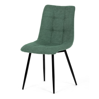 Stolička jedálenská, čalúnená zelenou látkou, čierne kovové nohy