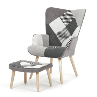 Relaxačné kreslo ušiak s taburetom, viacfarebná patchwork látka