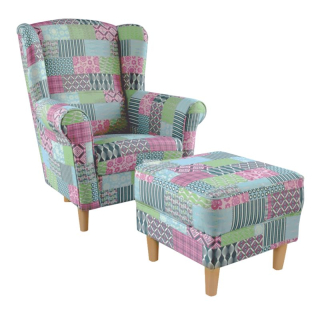 Kreslo ušiak s taburetom, látka patchwork M1